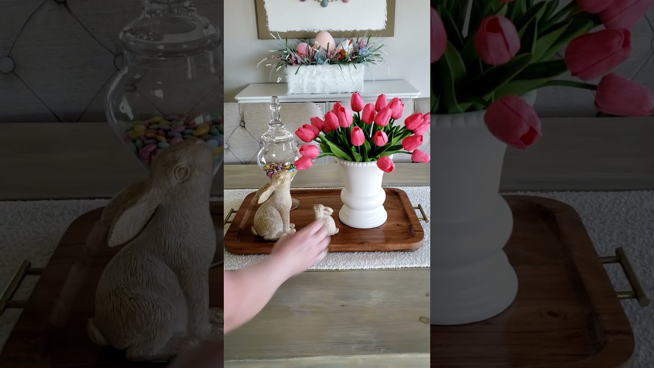 Easter Centerpiece, Easter Table Decorations, Real Touch Tulips,  Easter Bunnies, #easter