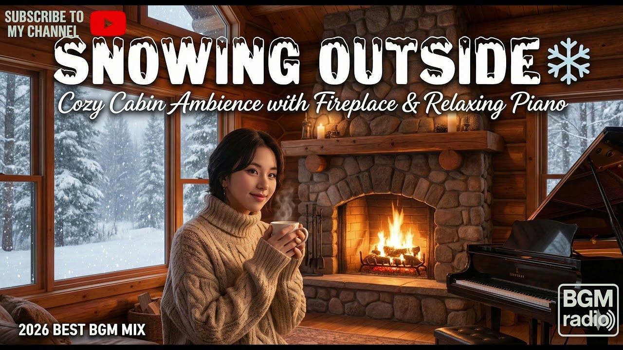 【BGM radio】Snowing Outside ❄️ Cozy Cabin Ambience with Fireplace & Relaxing Piano