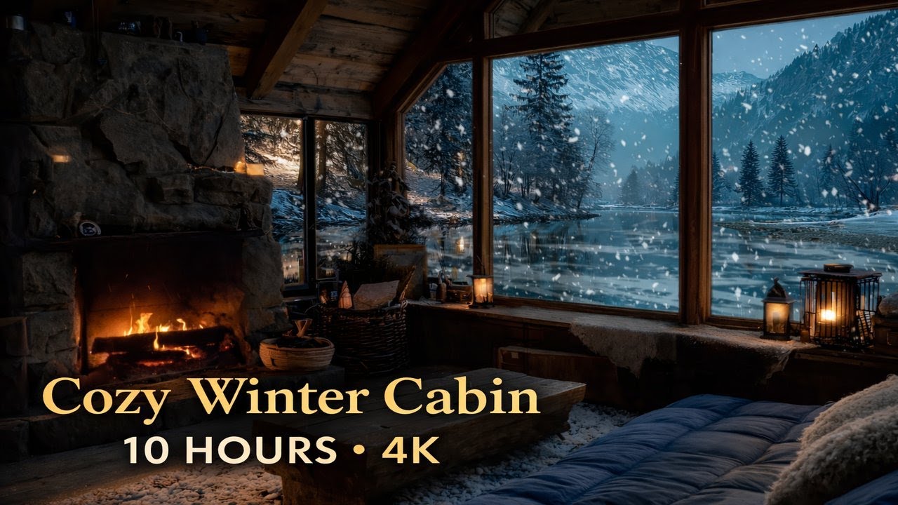 4K Frozen Lake Cabin Fireplace – Cozy Winter Ambience | 10 Hours