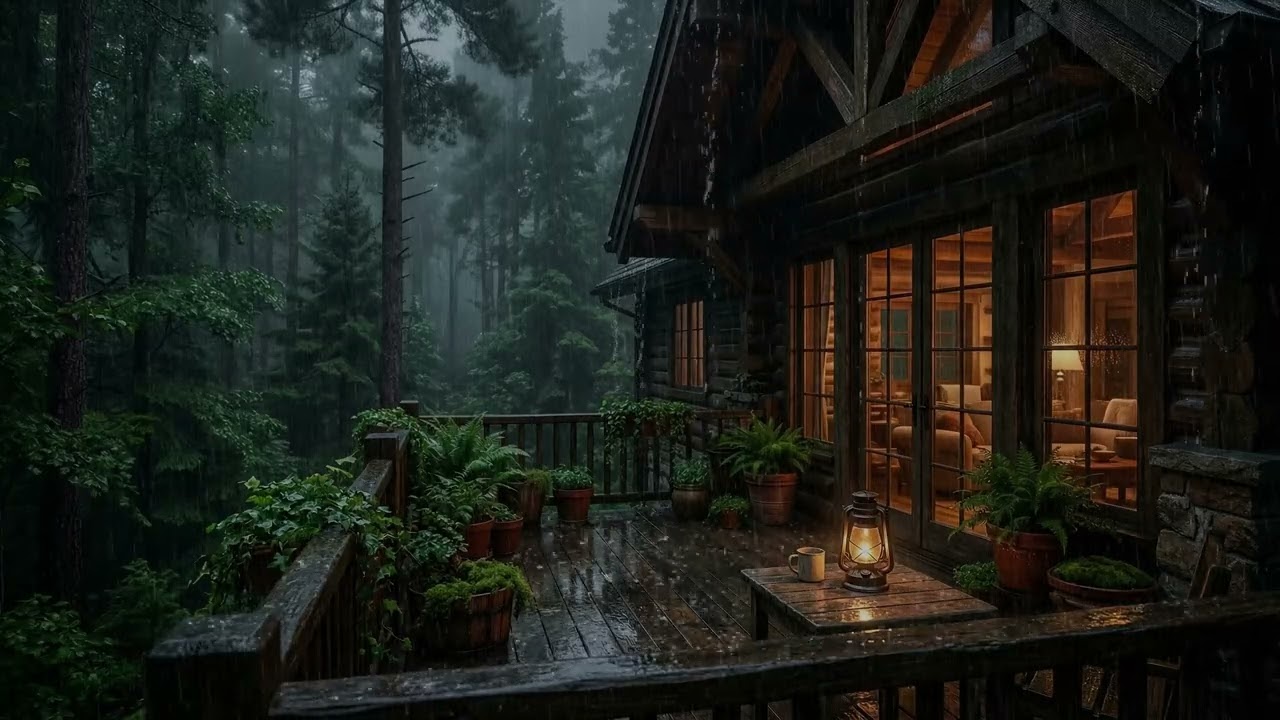 Heavy Tropical Rain 🌧️ Pouring Outside A Jungle Cabin While Tall Palm Trees 🌴 Sway