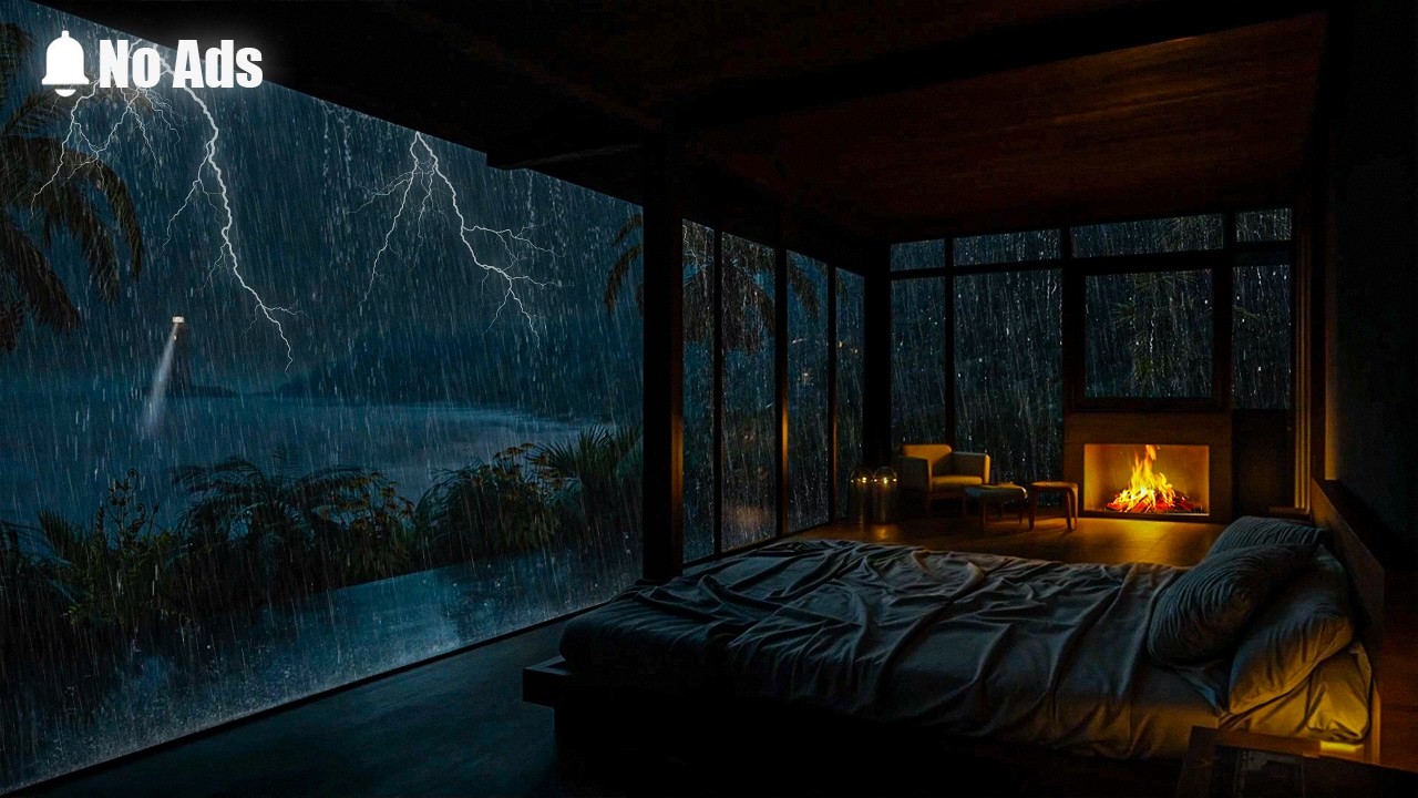 [NO ADS] Dark Stormy Ocean Night ⛈️ Rain, Thunder & Crackling Fireplace for Deep Sleep Ambience