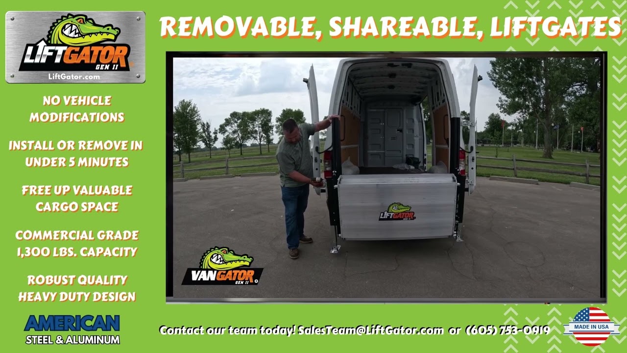LiftGator Removable Shareable Liftgate Tail Lift. VanGator compatible with most commercial vans.