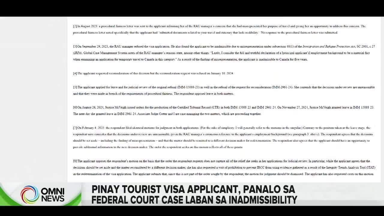 Federal court case ng Pinay kaugnay sa inadmissibility sa Canada, naipanalo | OMNI News Filipino