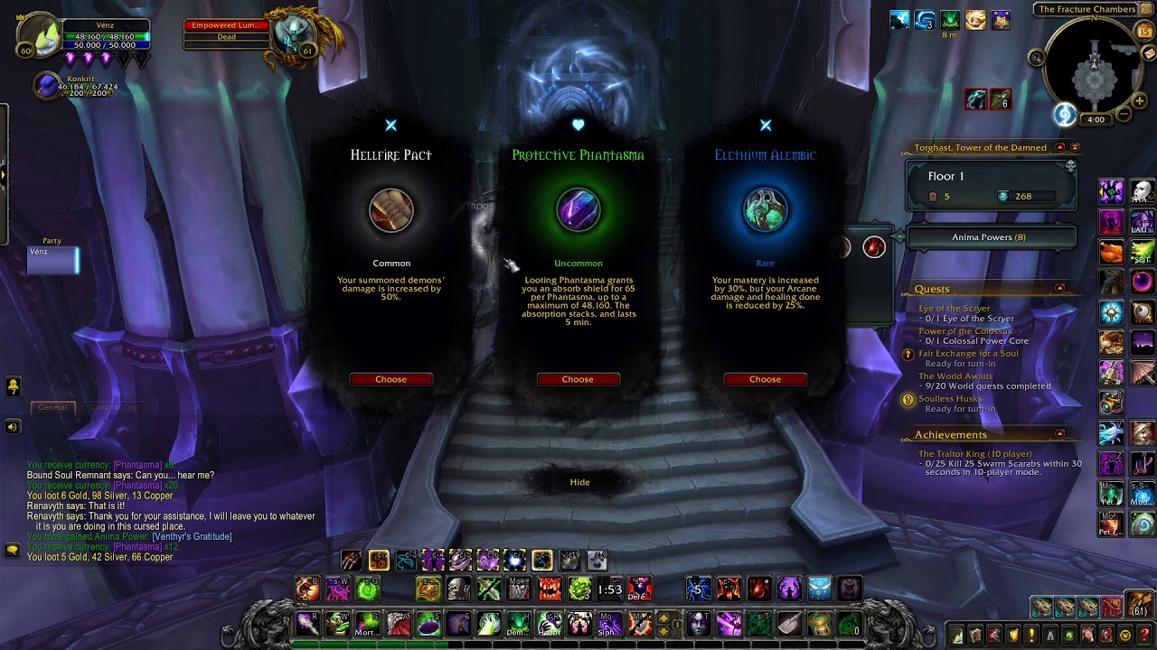 Torghast, Twisting Corridors, Layer 8, Afflication Warlock, item lvl 197.