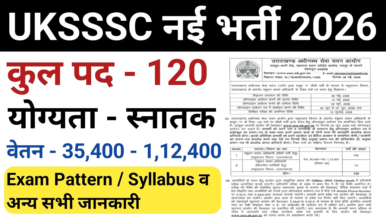 उत्तराखंड 120 पदों पर नई भर्ती 2026 | UKSSSC new vacancy 2026 | uksssc new bharti 2026