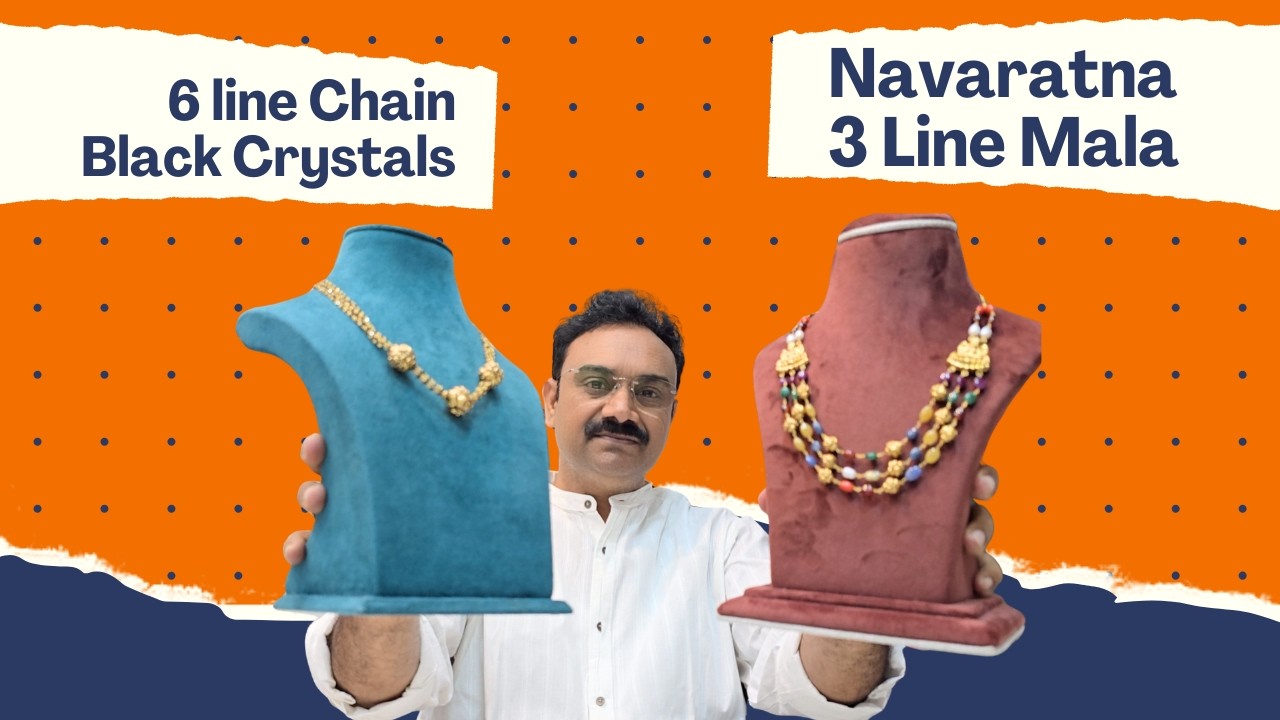 Navaratna 3 Line Mala with Lakshmi Nakshi and Unique Black Beads Crystals Antique Gold Necklace