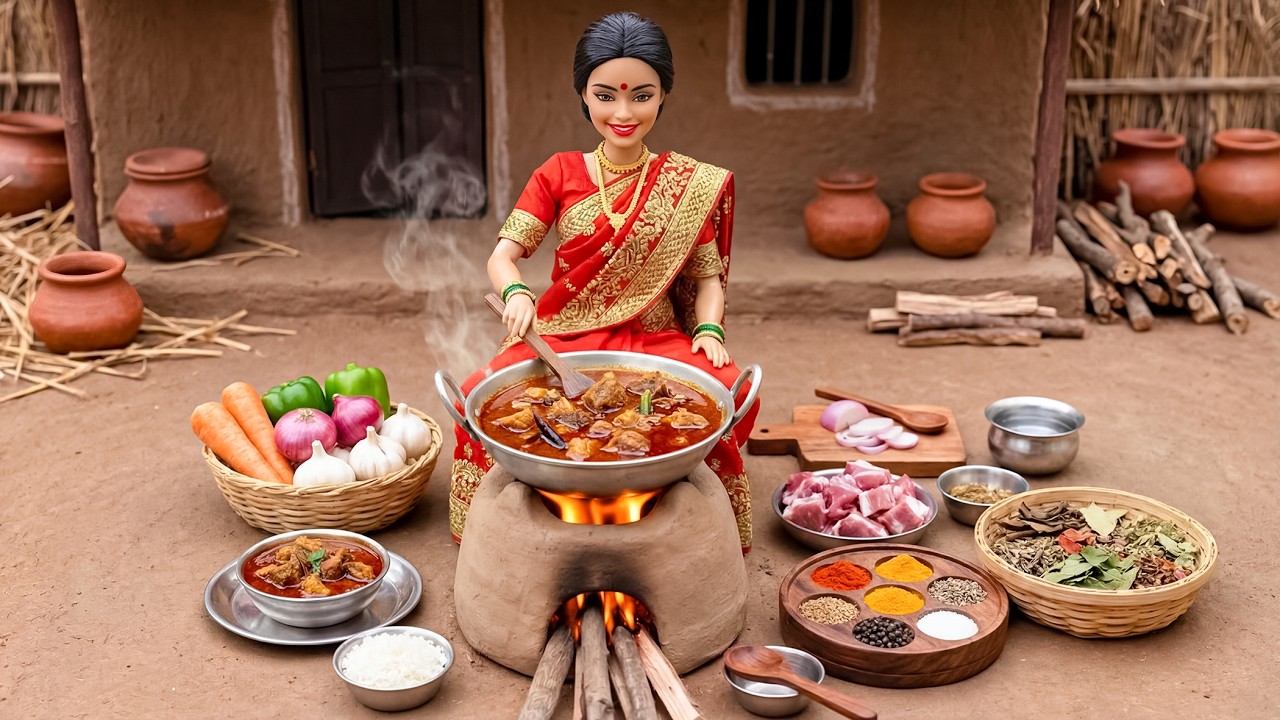 🔥🌶️ Miniature Doll Makes Spicy Laal Maas | Indian Village Tiny Kitchen ASMR