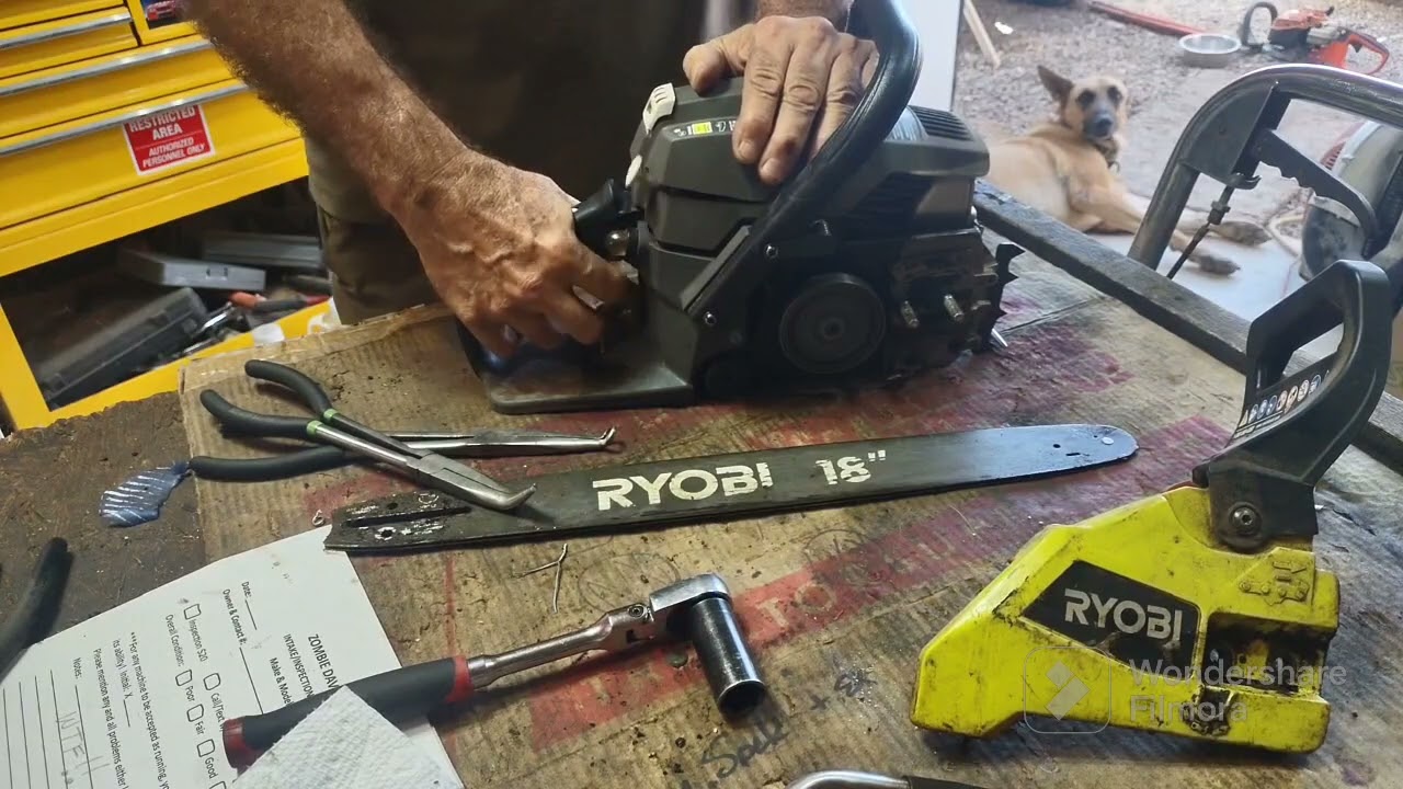 Ryobi 3818 chainsaw. This saw looks like the brother in law used it. 😫