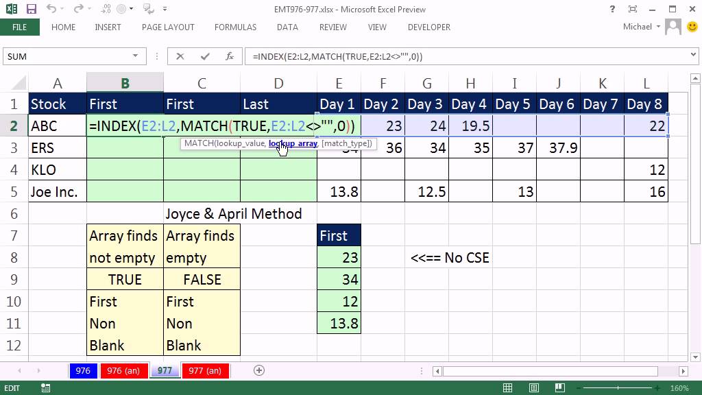 Excel Magic Trick 977: Lookup First Non Empty Cell In A Range, Lookup Last Number In A Range