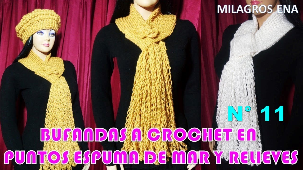 Como tejer la bufanda N° 11 o chalina a crochet en puntos Espuma de Mar y Relieves con FLOR