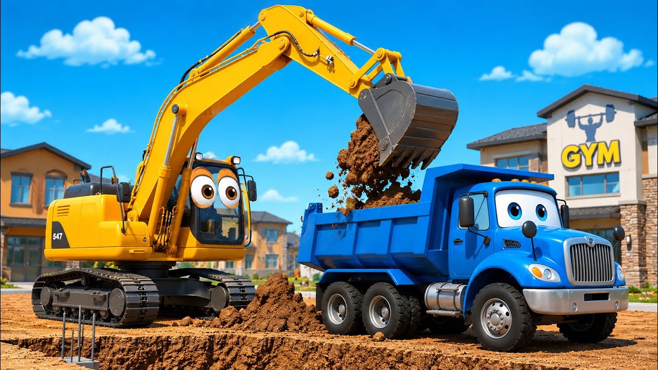 Learn Trucks & Gym! Construction Vehicles, Kids Play Song 🚜 The Wheels on the Bus Melody