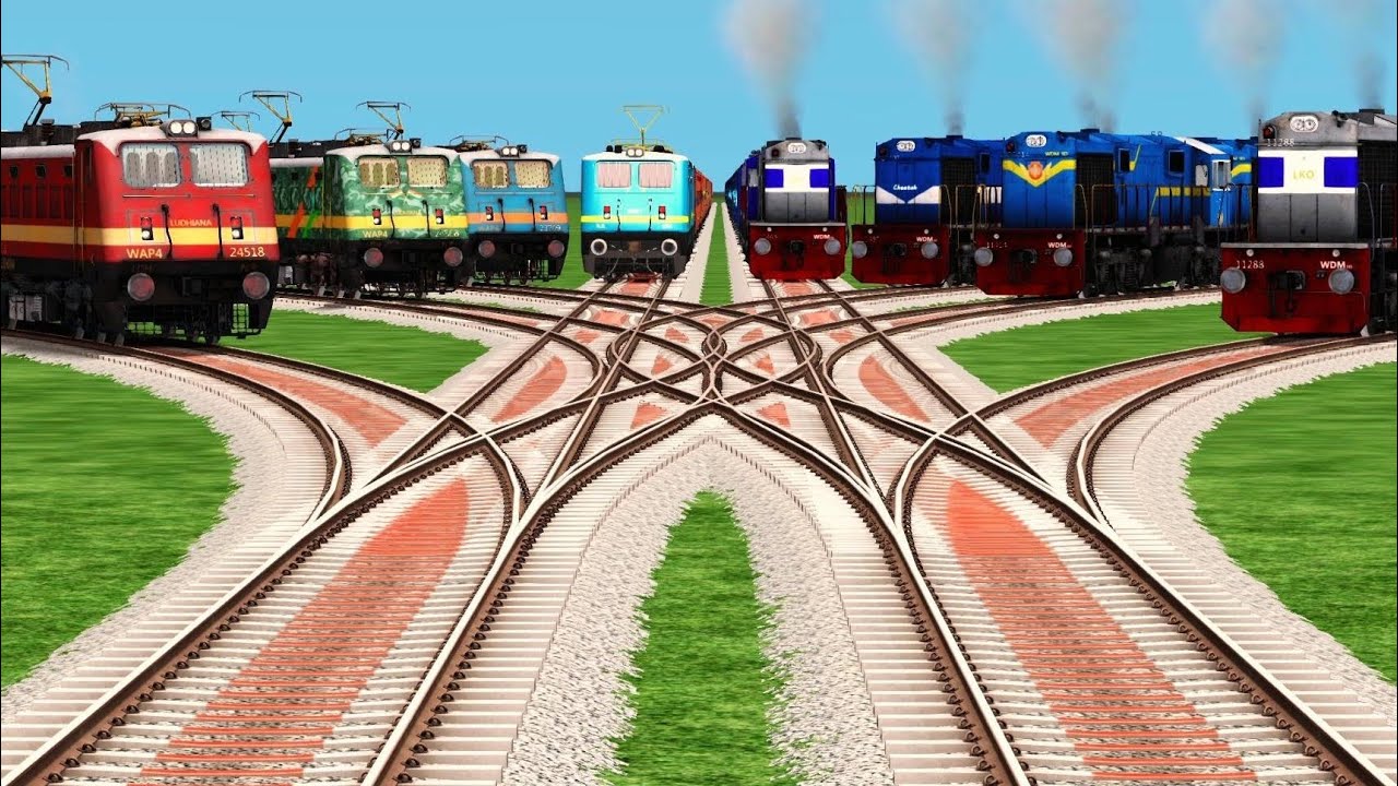 Realistic Train Crossing Run At Diamond Railroad Track l Railroad Forked Track l  relgadi game video