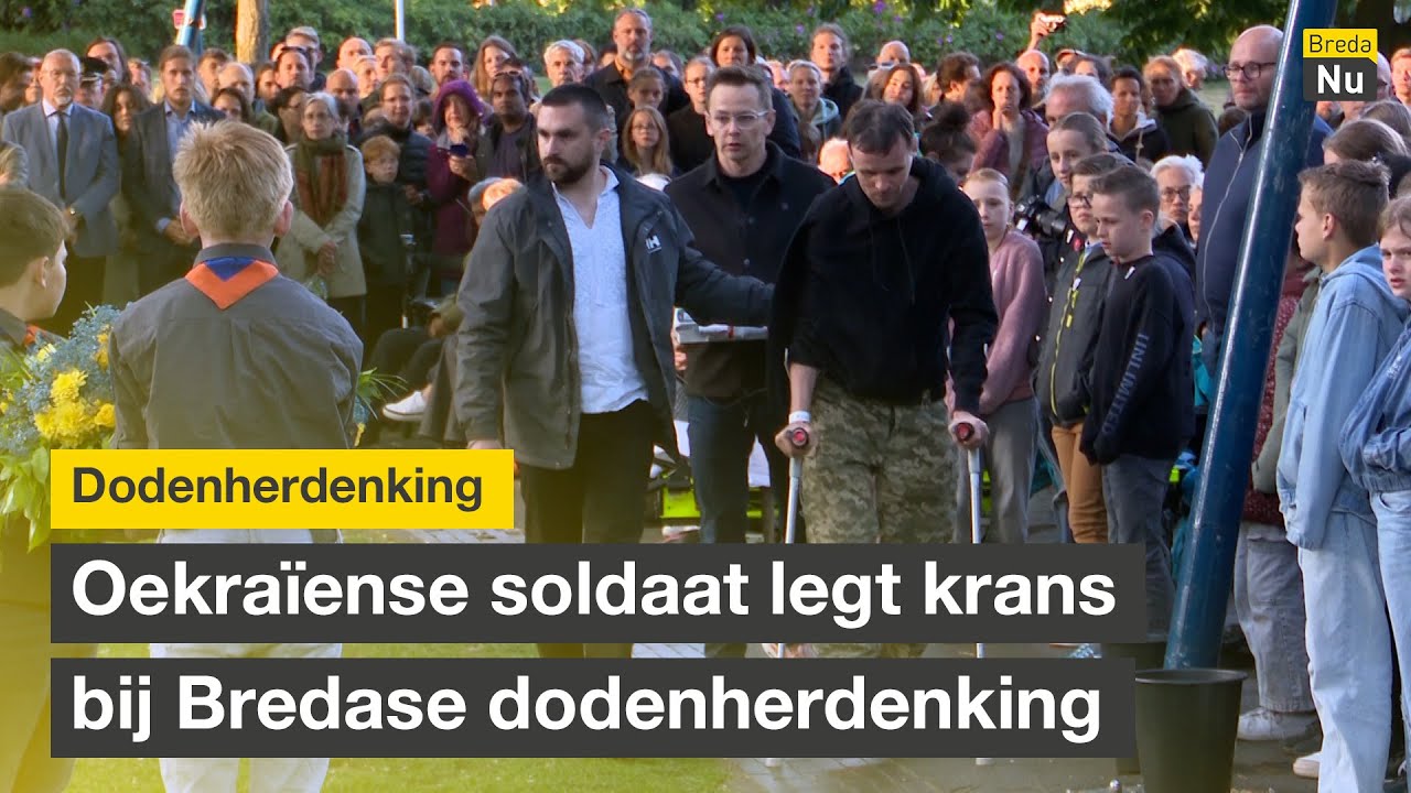 Gewonde Oekraïense soldaat legt krans bij herdenking in Breda | Dodenherdenking 2025