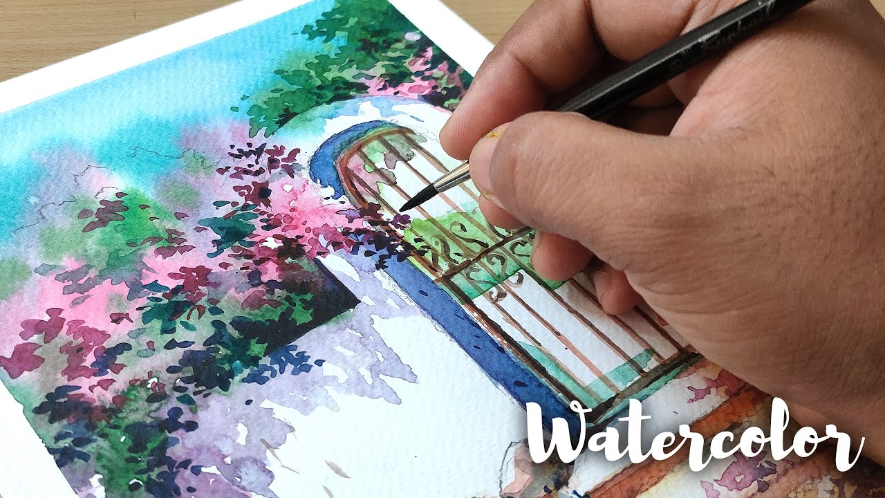 Flower Tree and Door Painting with Watercolor / Watercolor Painting in Sketchbook