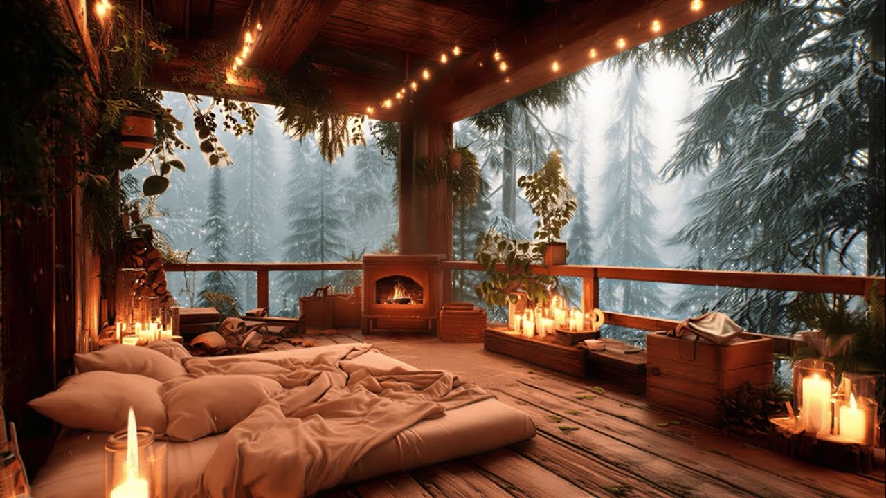 Warm Fireplace Cabin Porch Jazz Instrumental Music in a Peaceful Snowy Pine Woods 4