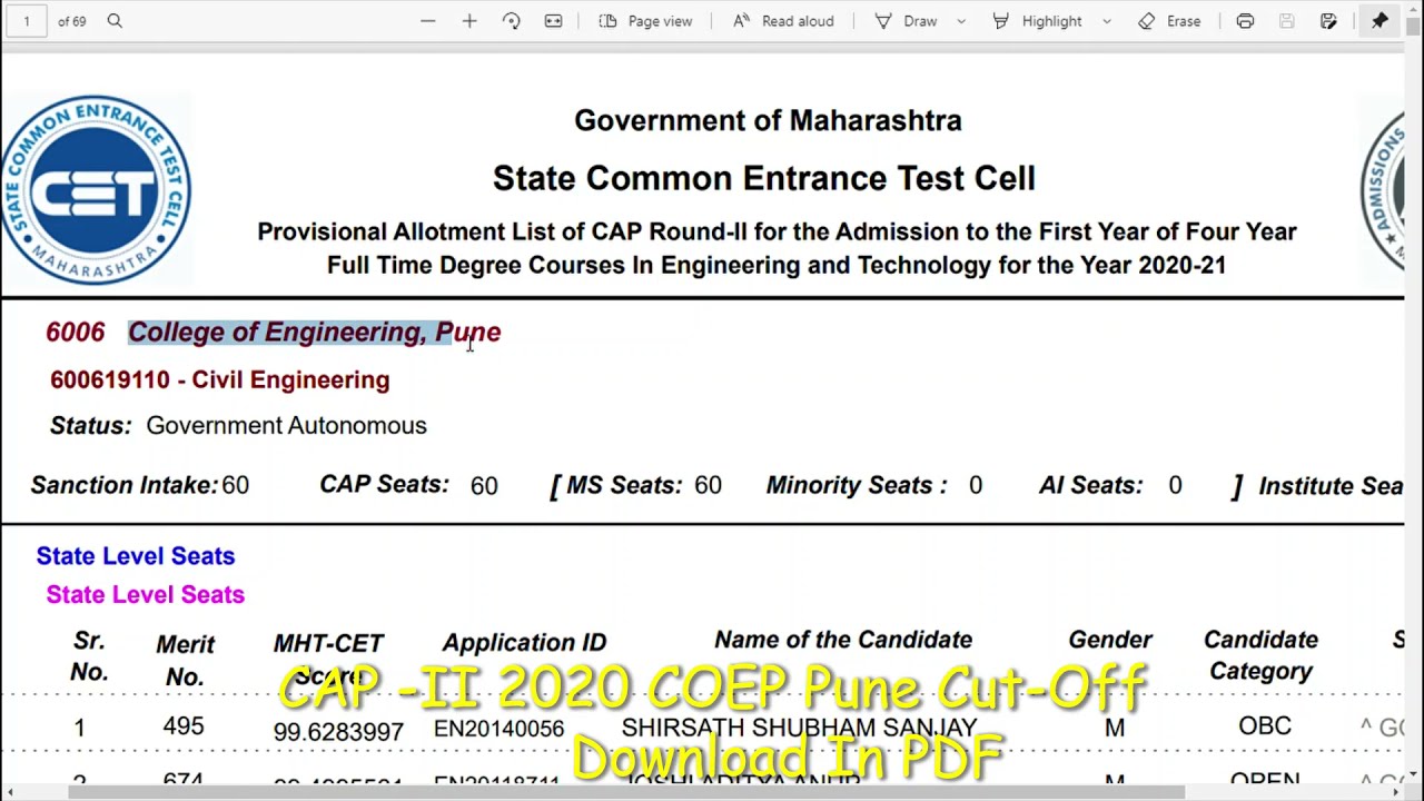 MHT-CET 2020 || Institute Wise allotted Cut-off || College Of Engineering, Pune ||6006|| CAP ROUND-2