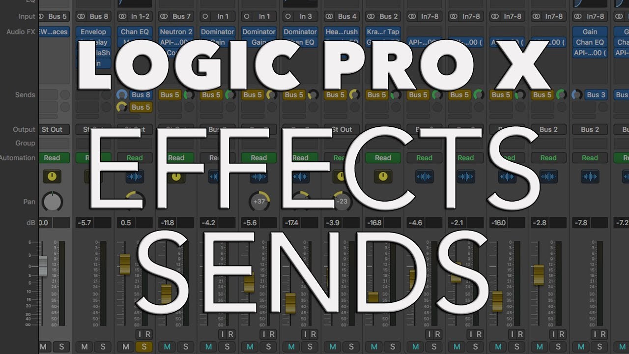 Logic Pro X — ПОСЫЛКИ ЭФФЕКТОВ — после панорамирования, после фейдера, до фейдера, посылки на фей...