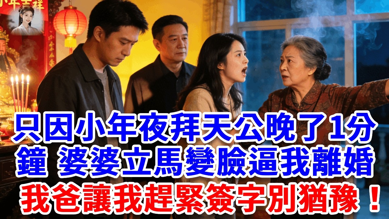 只因小年夜拜天公晚了1分鐘，婆婆立馬變臉逼我離婚走人，我爸讓我趕緊簽字別猶豫！我收回別墅撤資100億，隔天前夫流落街頭，結局超爽！#思妤說故事#為人處世#生活經驗#情感故事#晚年哲理#說故事#完結文