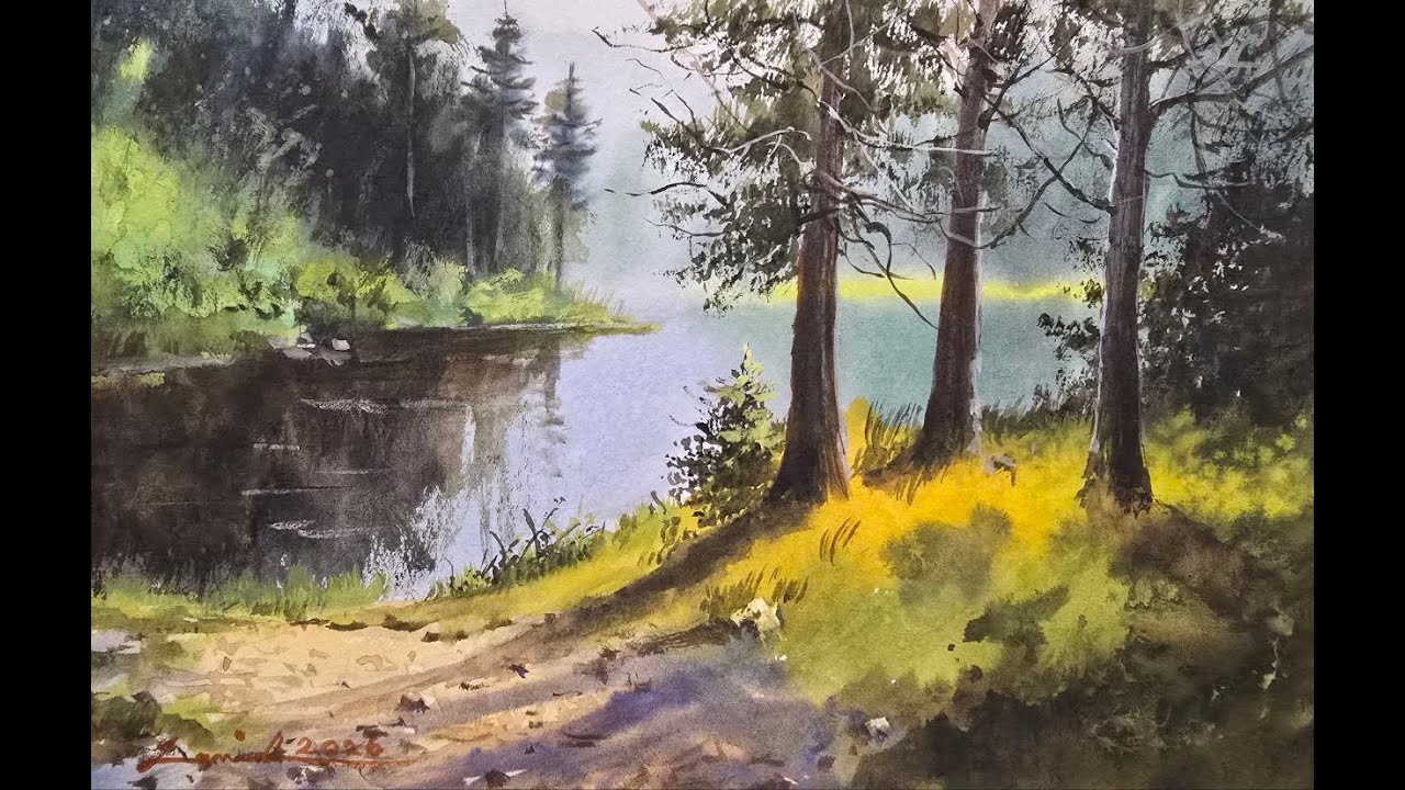 How to paint reflections and light in a forest lake – Watercolor tutorial