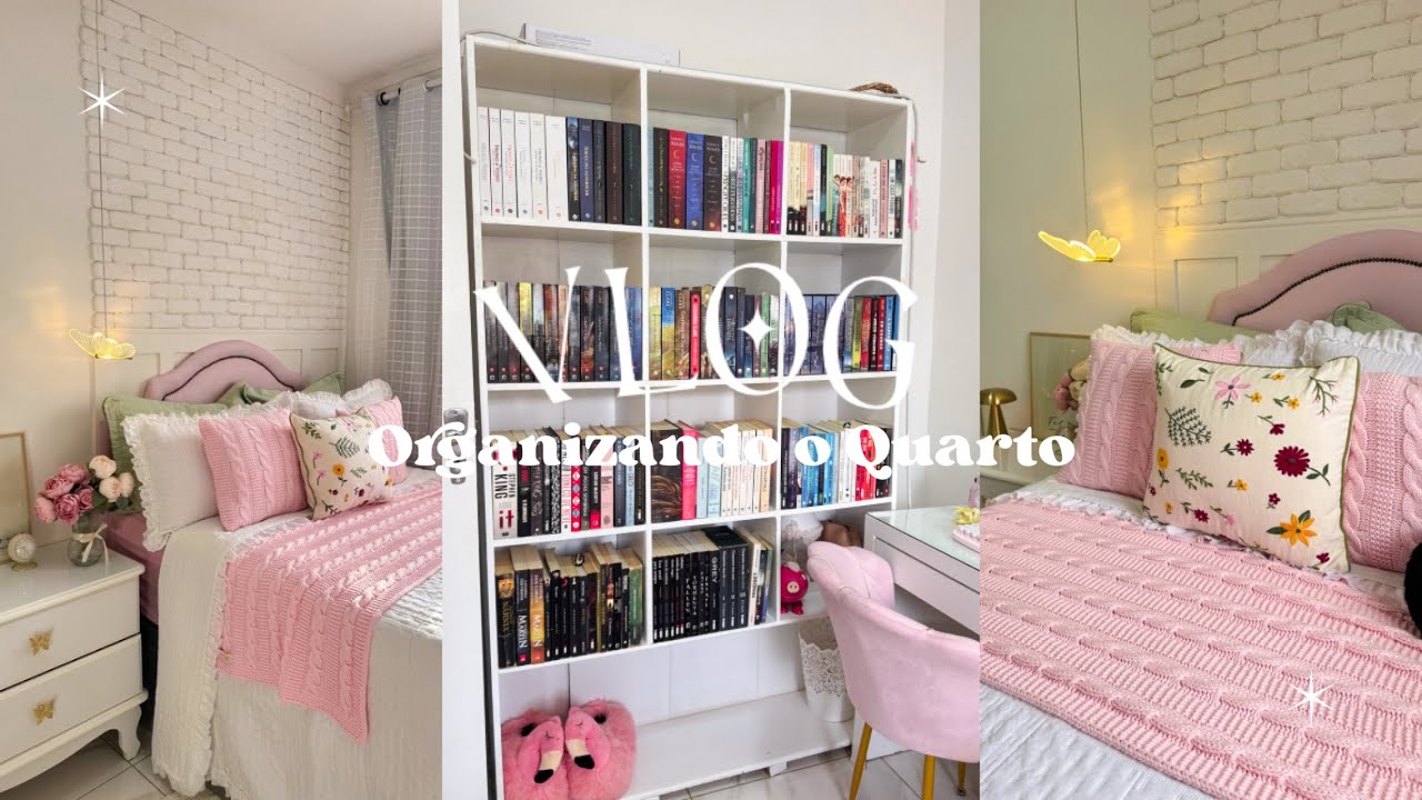 Organizando o quarto/cama posta/estante de livros