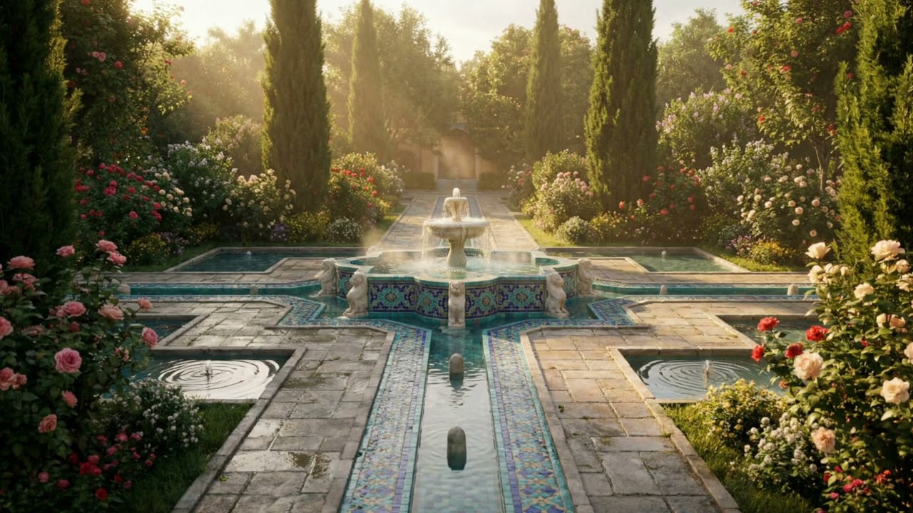 Persian Garden Fountain ⛲ Gentle Birds & Water Sounds | Deep Calm Ambience (9H)