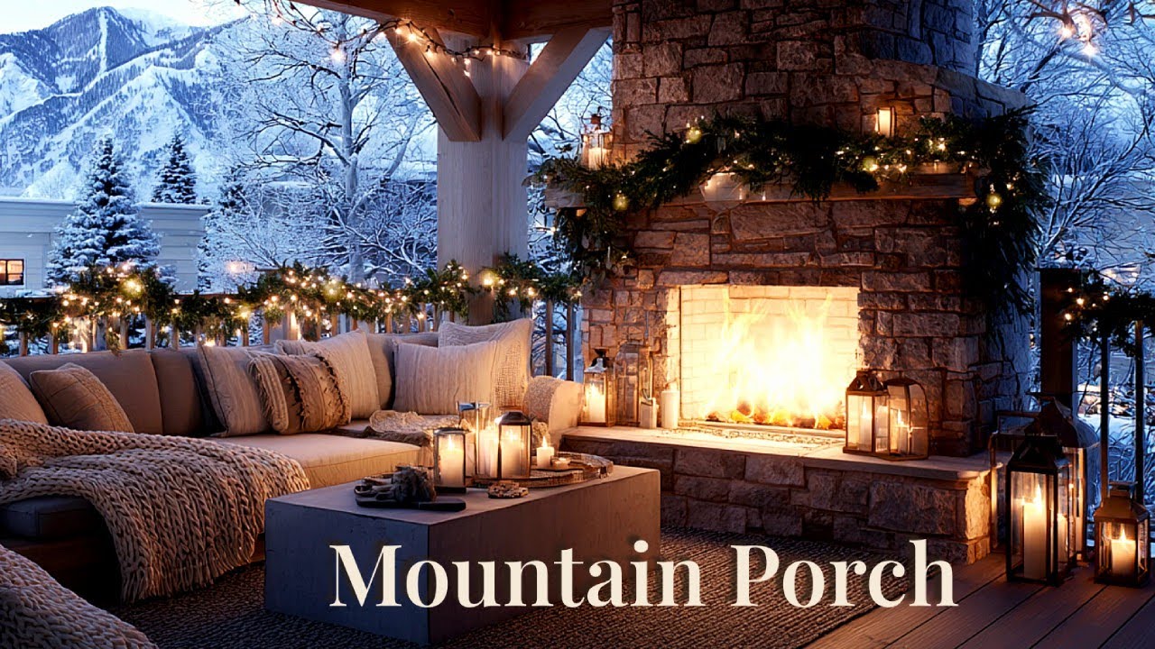 Cozy Mountain Porch with Fireplace & Owl Friend | 8 Hours Relaxing Music, Crackling Fire & Candles