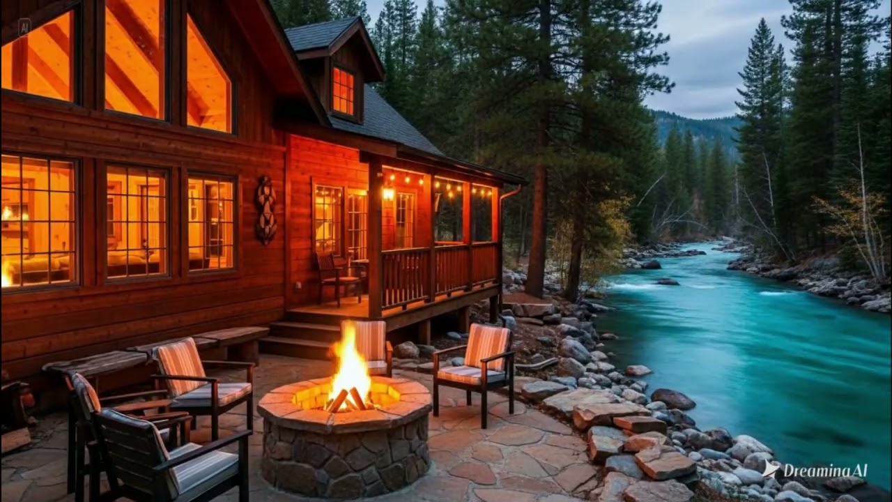 Perfect Spring Riverside Cabin Porch in Forest 🌿🔥 Crackling Fire, Birdsong & Gentle River Ambience