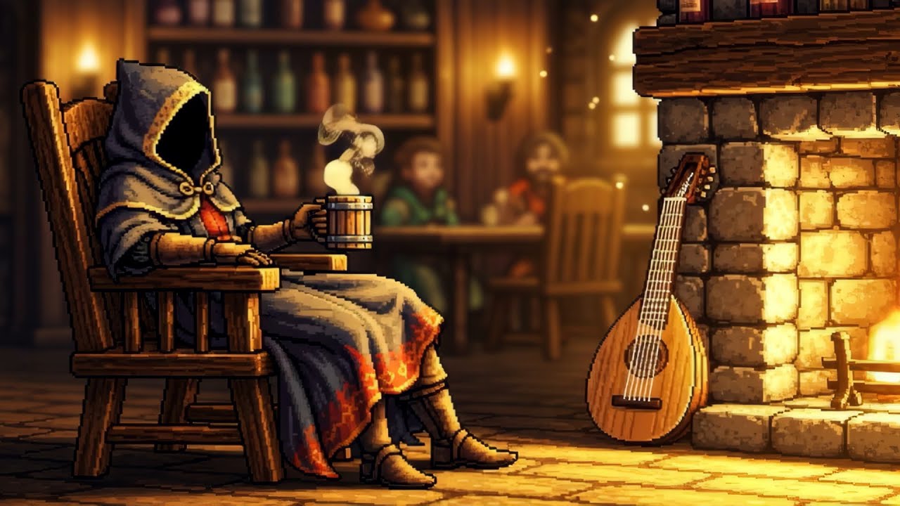 Cozy Pixel Tavern Nights 🎮🔥 Medieval Chill Music, Fireplace Ambience & Study Vibes