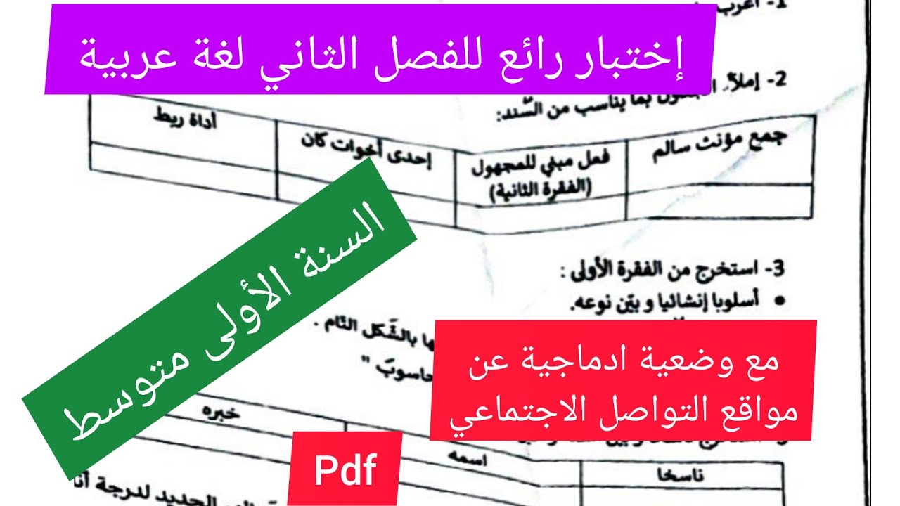 إختبار مقترح بقوة في مادة اللغة العربية الفصل الثاني السنة الأولى متوسط