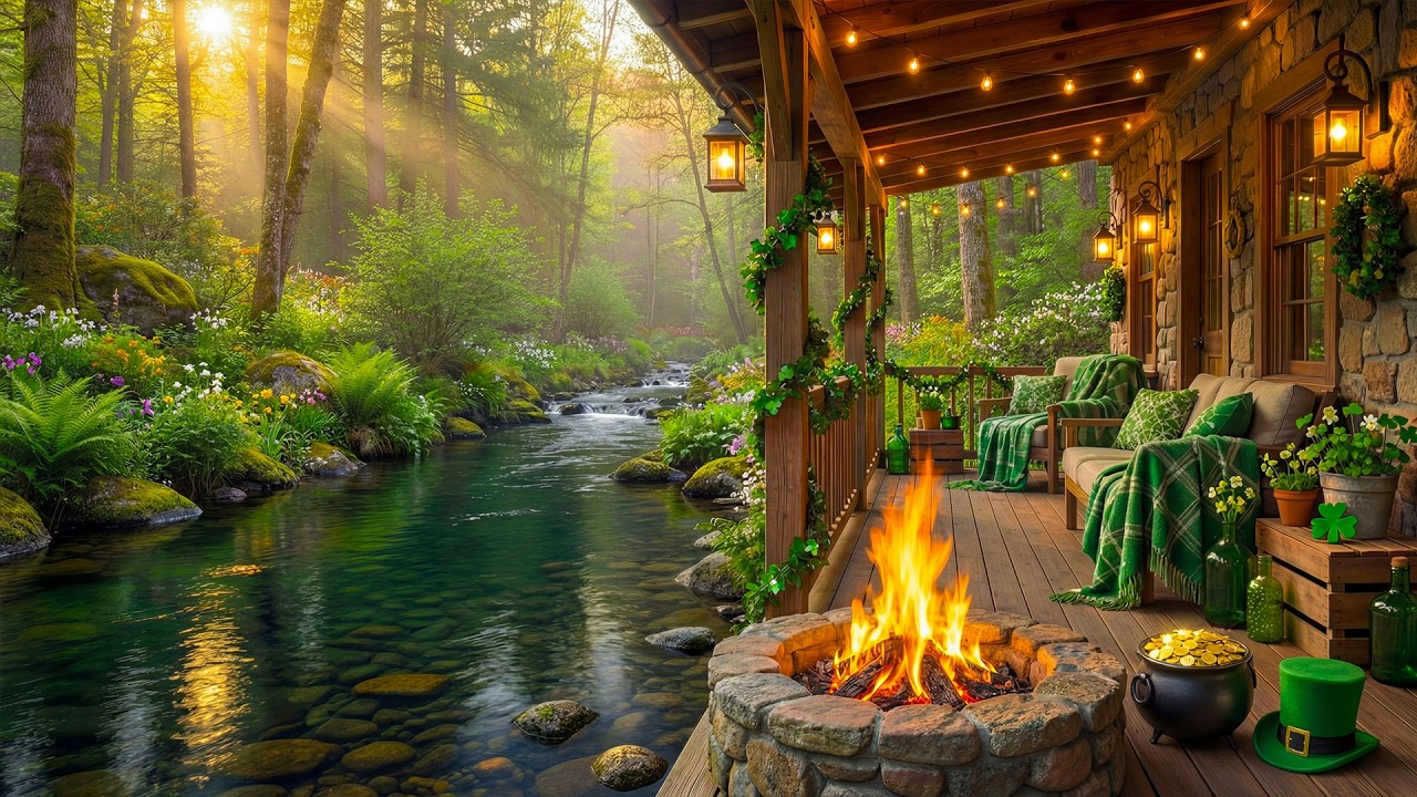 Peaceful St. Patrick’s Day Riverside Cabin Porch 🍀🔥 Fire Pit, Calm Water & Relaxing Nature Ambience
