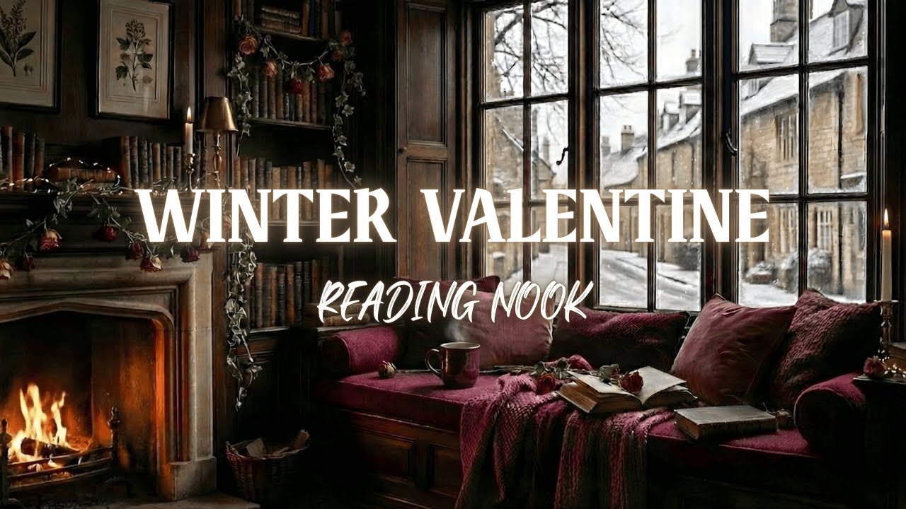 Winter Valentine Piano by the Fireplace — Dark Academia Reading Nook