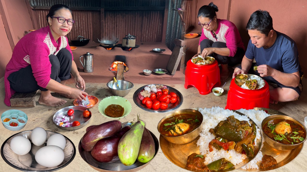 Village Lunch : Aloo Brinjal Recipe, Egg Masala Curry with Rice Nepali Cooking in Village