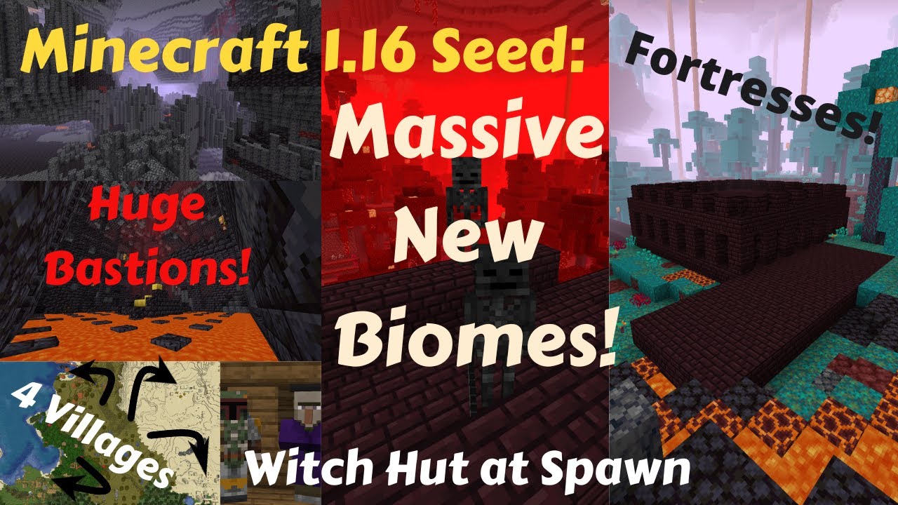 Minecraft 1.16.1 Seed: 4 Villages and Witch Hut at Spawn, Huge Bastions and New Biomes, Fortresses!