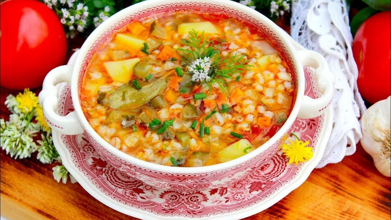 🇦🇿 MUKBANG 🍲 Vegetable and pearl barley soup 🥗☕️   Суп с перловкой
