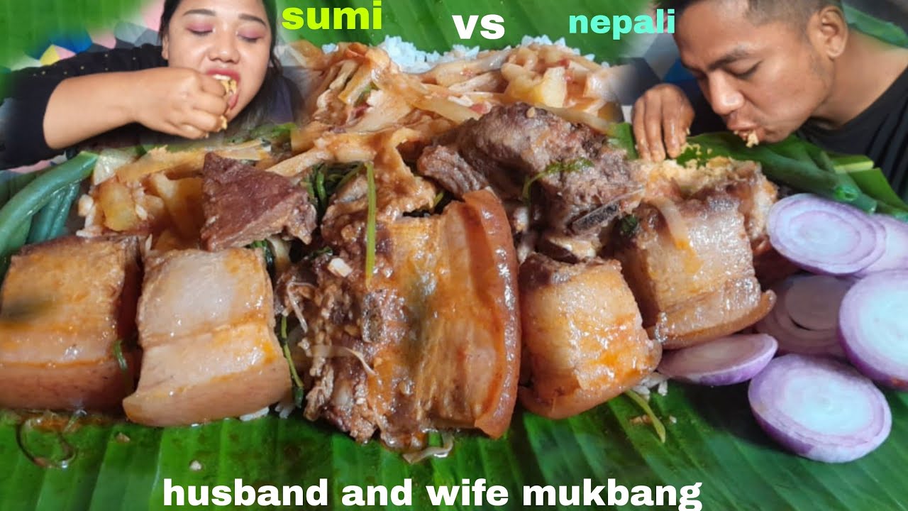 mukbang || pork belly eating competition with my wife || sumi vs nepali 😁 @nagavillagefood