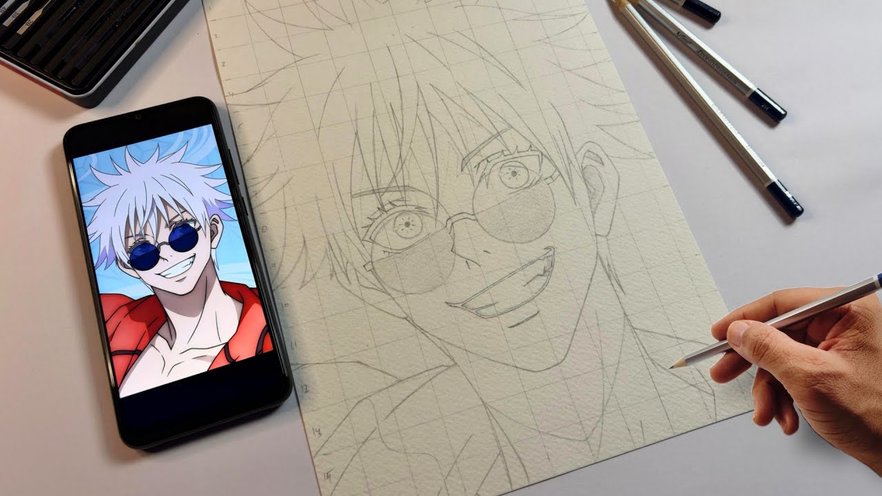 How to Draw Gojo Satoru Easily 🔥 | Grid Method Anime Drawing Tutorial 