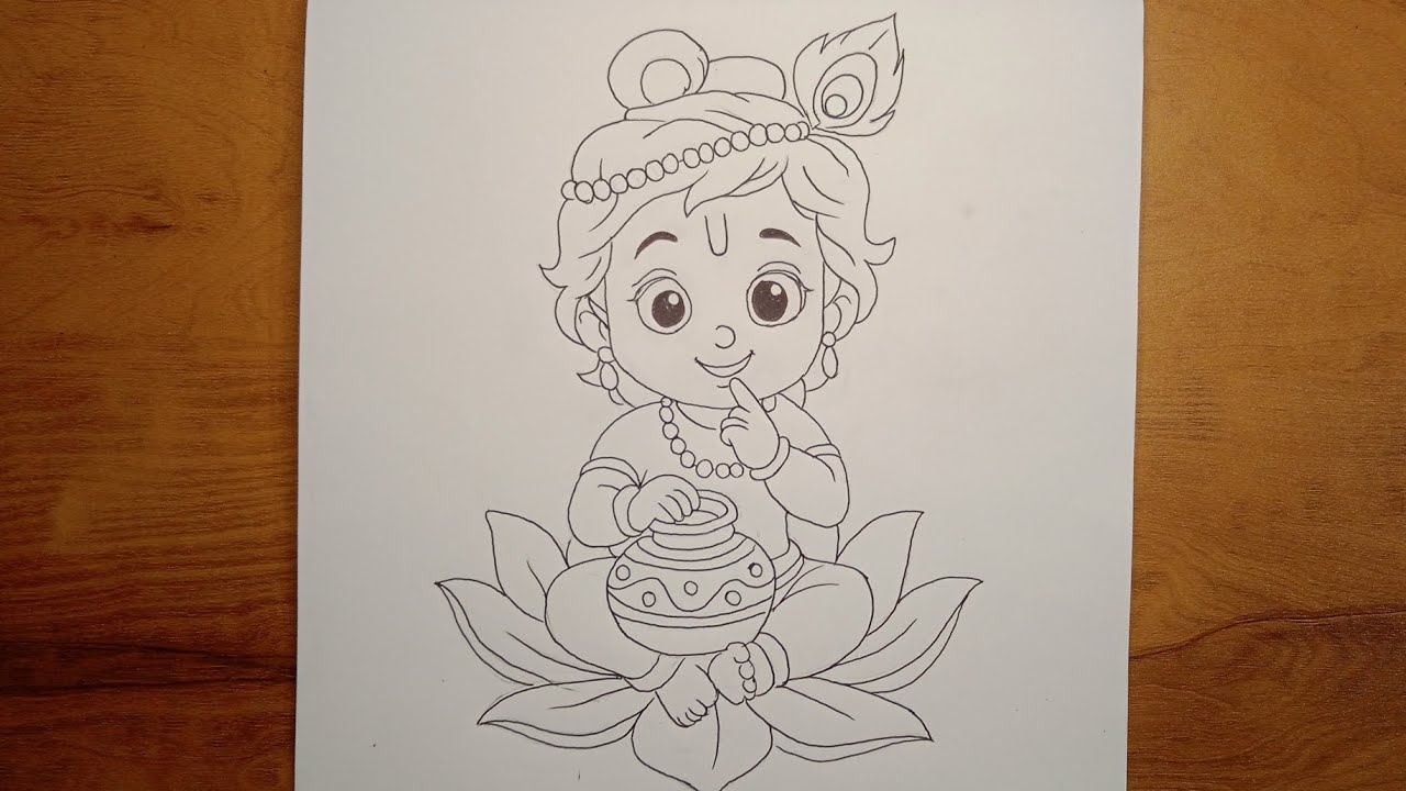 Krishna Sitting on Lotus & Eating Curd 🪷 | Beautiful Bal Krishna Drawing Step by Step 