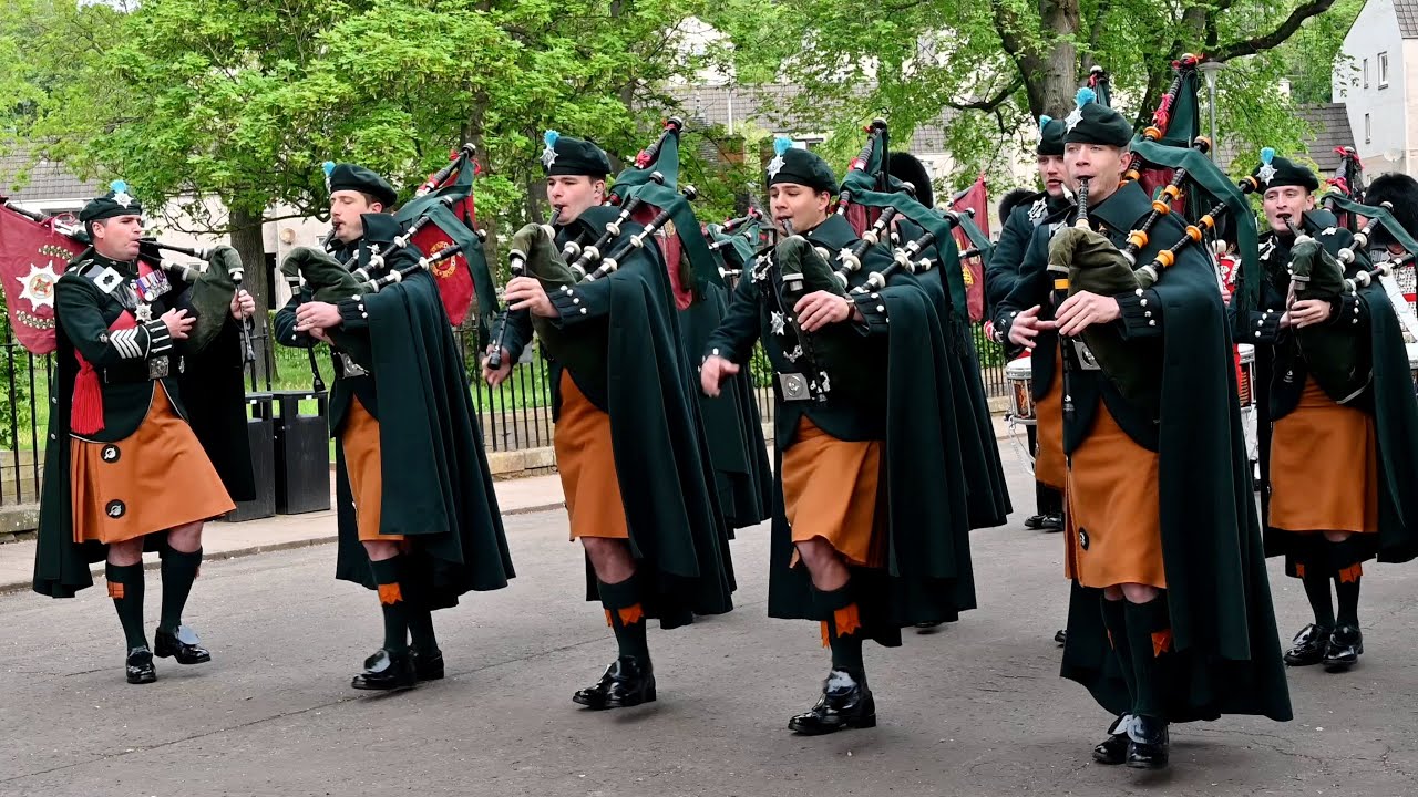 Irish Guards Pipes and Drums leading '5 Scots' Mounting the Guard at Holyrood Palace, Scotland