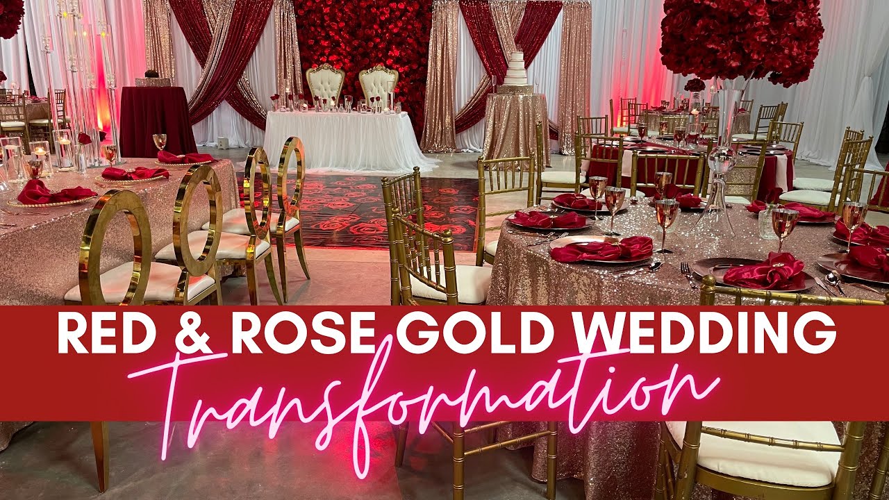 UNBELIEVABLE WEDDING TRANSFORMATION| RED AND ROSE GOLD WEDDING| FULL ROOM BACKDROP