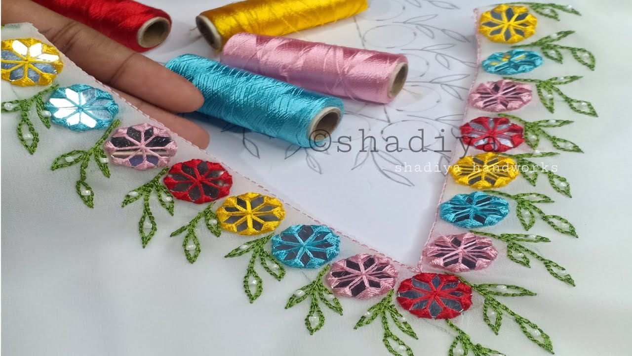 Unique  hand embroidery neck design for kurti salwar blouse |normal needle mirror work embroidery