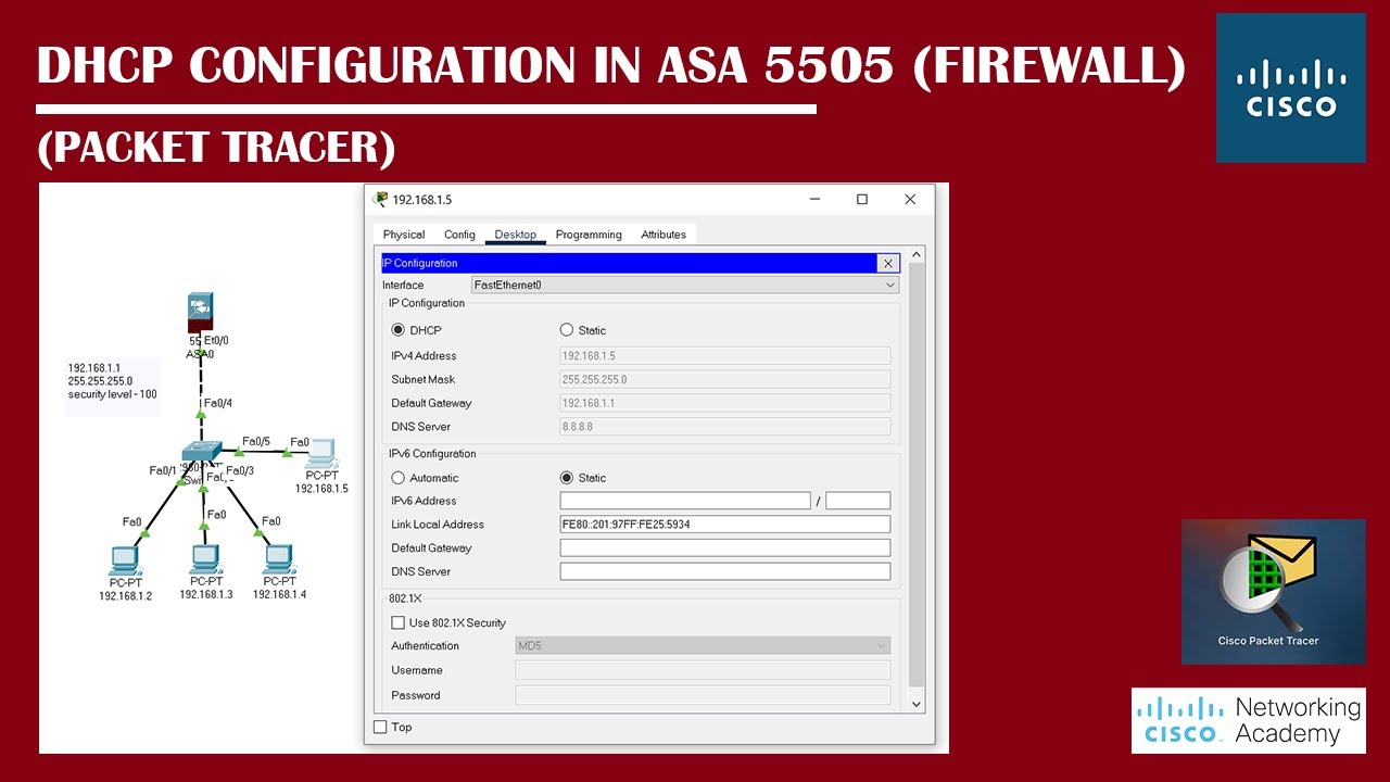 DHCP Configuration in ASA 5505 in Packet Tracer | Networking Academy | #DHCP | #ASA5505 | #Firewall