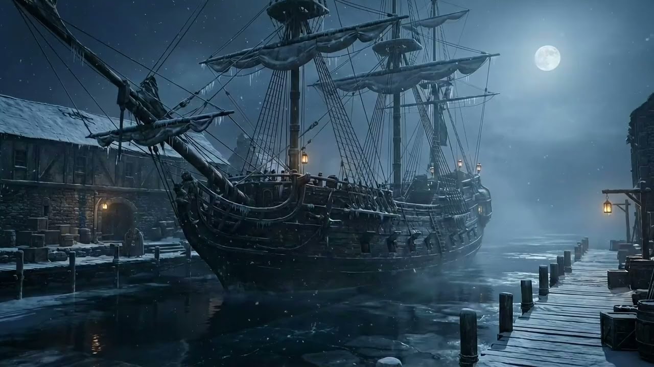 Snowy Pirate Harbor ❄️ | 1700s Winter Night with Calm Sea Sounds