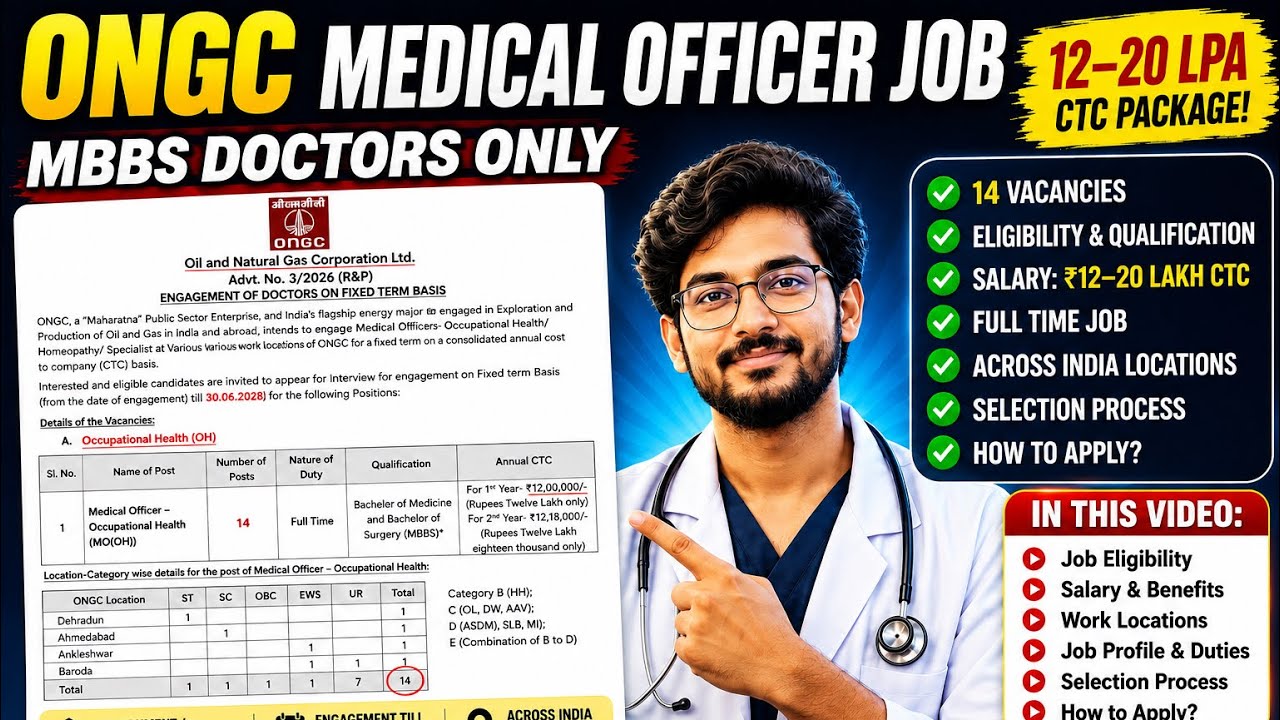 ONGC Medical Officer Recruitment 2026 | MBBS Jobs | ₹12&ndash;20 LPA Salary | 14 Vacancies | Complete Guid