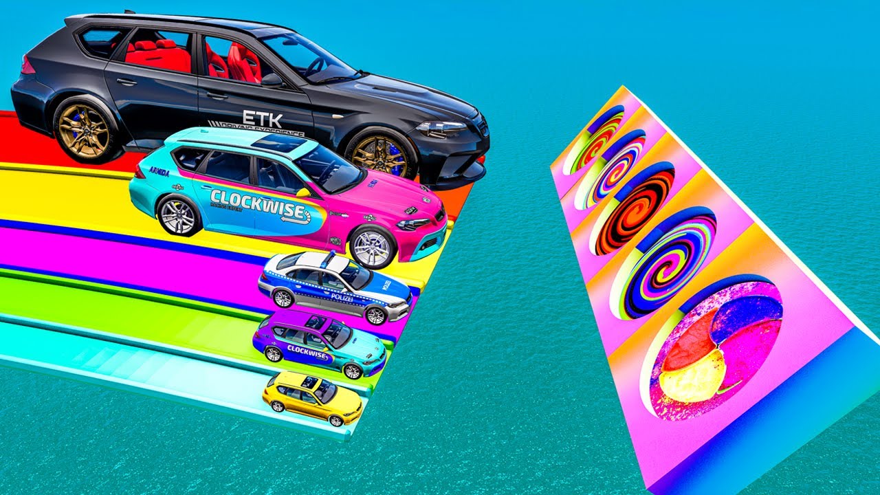 Giant & Small Car vs Portal Trap with Slide Colors &ndash; Cars vs Train vs Police vs belaz &ndash; BeamNG.Drive
