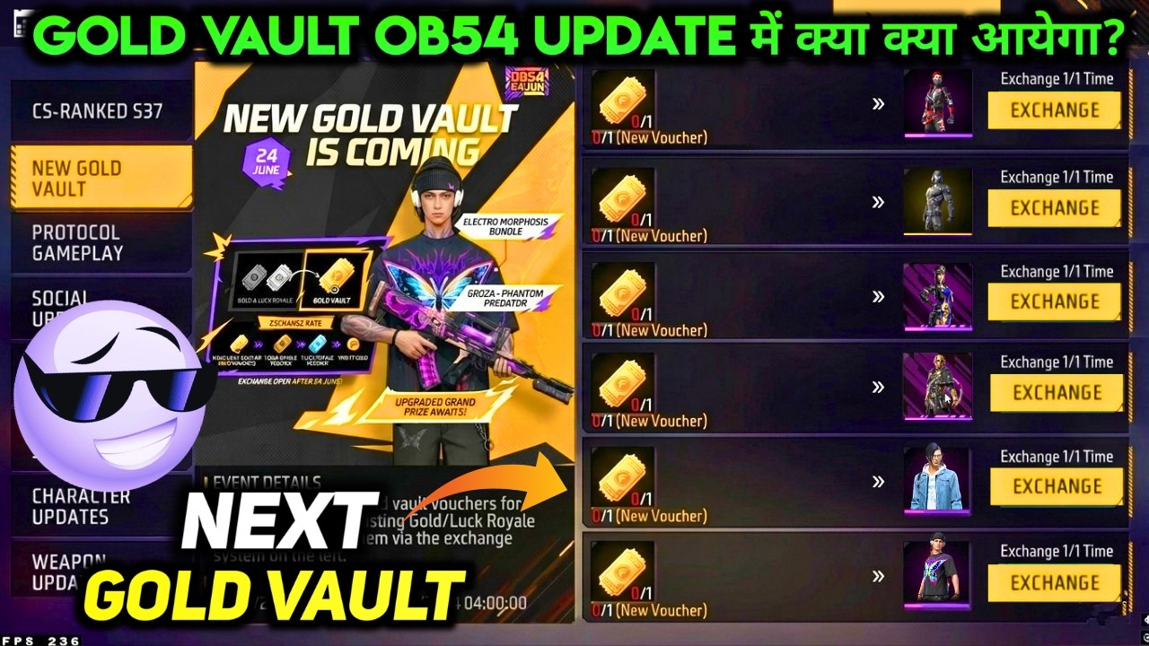 24 JUNE KO GOLD VAULT FREE FIRE MEIN KYA KYA AAEGA | GOLD VAULT OB54 UPDATE MEIN NEW KYA FREE MILEGA