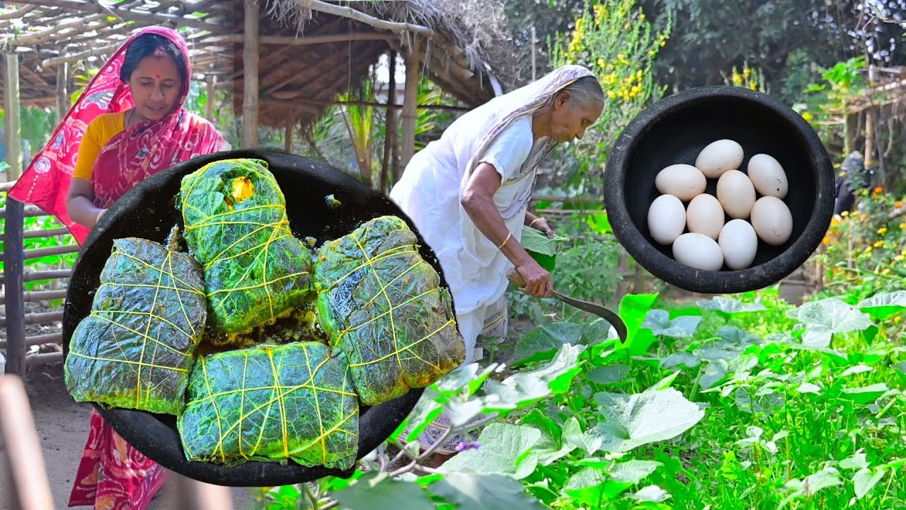 কুমড়ো পাতায় দেশি মুরগির ডিমের পাতুরি | Egg recipe in pumpkin leaf | village style anda paturi recipe