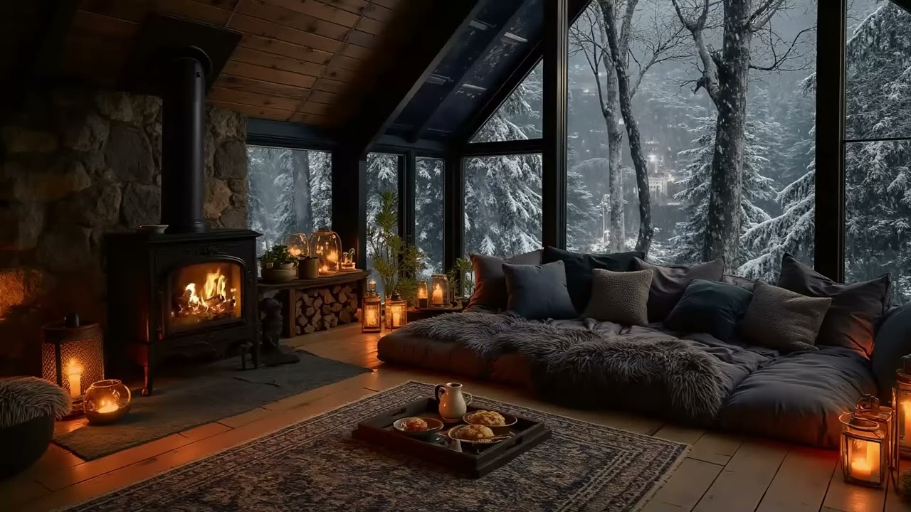 3.5 Hours Cozy Winter Cabin Fireplace ❄️🔥 | Snowy Forest View, Warm & Relaxing Ambience