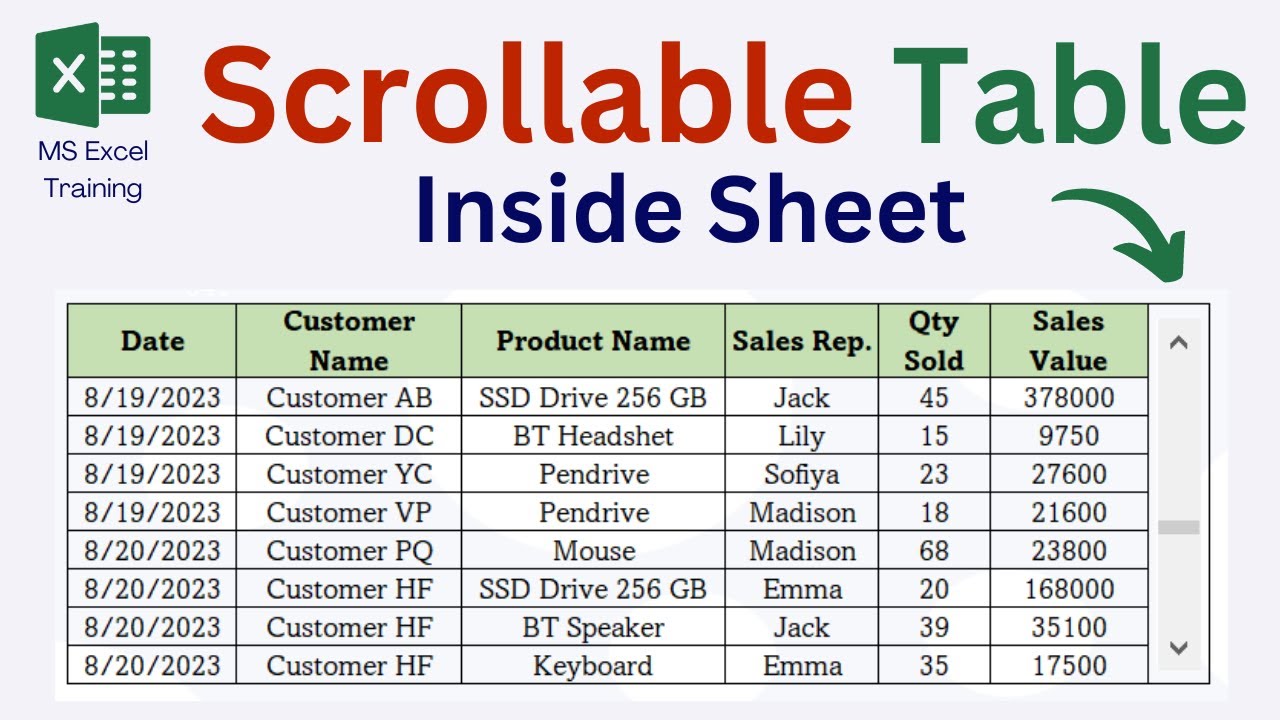 Data Scrollable Table in Excel