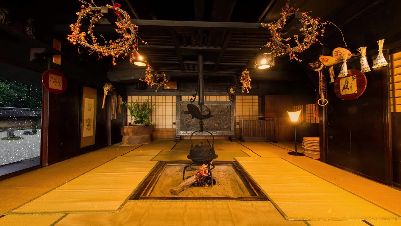 ASMR Japanese Room Ambience | Winter Japanese House | Fireplace, crackling fire, snowing sound