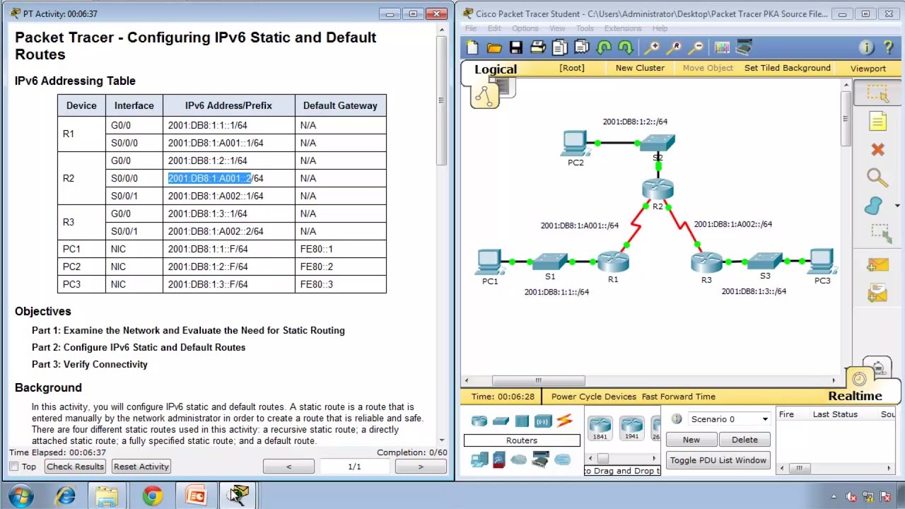 Packet Tracer 6.2.4.4 - Configuring IPv6 Static and Default Routes - CCNA 2 - Chapter 6